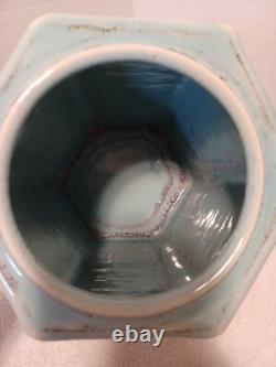 Vintage MCM Ceramic Studio Art Pottery Vase 8.5 Tall Hexagon Signed Spillman