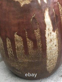 Vintage MCM Drip Glazed Studio Art Pottery Pitcher/Vase With Bamboo/Rush Handle
