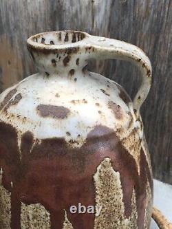 Vintage MCM Drip Glazed Studio Art Pottery Pitcher/Vase With Bamboo/Rush Handle