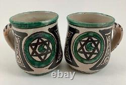 Vintage MCM I Gorriz Studio Pottery TERUEL Spain Set 2 Mugs HEXAGRAM & HALF MOON