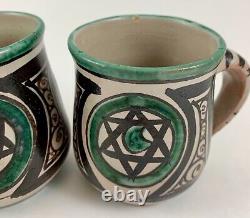 Vintage MCM I Gorriz Studio Pottery TERUEL Spain Set 2 Mugs HEXAGRAM & HALF MOON