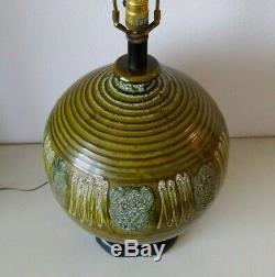 Vintage MCM Large California Studio Pottery Table Lamp Incised Drip Glaze