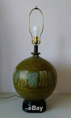 Vintage MCM Large California Studio Pottery Table Lamp Incised Drip Glaze