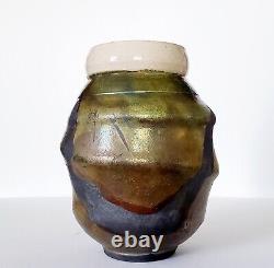 Vintage MCM Raku Studio Art Pottery Crackle Metallic Iridescent Vase Signed 10