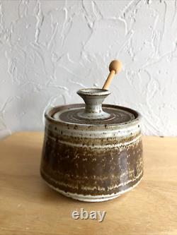 Vintage MCM STUDIO ART POTTERY Covered Honey Pot with Dipper Clay Pottery SIGNED