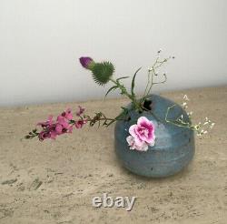 Vintage MCM Signed Japanese Studio Pottery Stoneware Blue Ikebana Vase