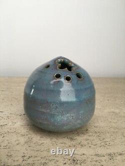 Vintage MCM Signed Japanese Studio Pottery Stoneware Blue Ikebana Vase