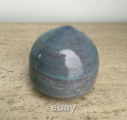 Vintage MCM Signed Japanese Studio Pottery Stoneware Blue Ikebana Vase