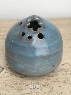 Vintage MCM Signed Japanese Studio Pottery Stoneware Blue Ikebana Vase