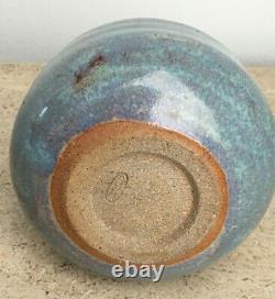 Vintage MCM Signed Japanese Studio Pottery Stoneware Blue Ikebana Vase