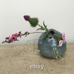 Vintage MCM Signed Japanese Studio Pottery Stoneware Blue Ikebana Vase