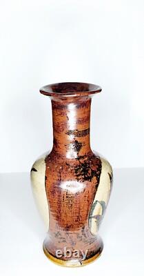 Vintage MCM Studio Art Pottery Glazed Rustic Brown Vase Signed