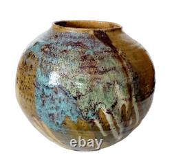 Vintage MCM Studio Art Pottery Large Sphere Round Glazed Drip Vase Signed Modern