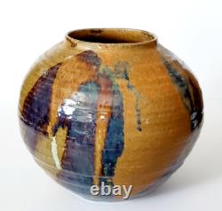 Vintage MCM Studio Art Pottery Large Sphere Round Glazed Drip Vase Signed Modern