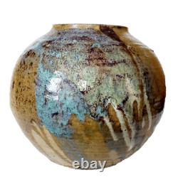 Vintage MCM Studio Art Pottery Large Sphere Round Glazed Drip Vase Signed Modern