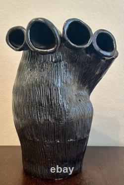 Vintage MCM Studio Pottery Sculptural Multi-Spout Vase Brutalist Modernist Black