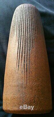 Vintage MCM Studio Pottery Stoneware Signed Tall Carved Modernist Vase 12 1/2 T