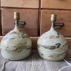 Vintage MCM Swirl Studio Pottery Glazed Table Lamps Earth Tones Pair Of 2