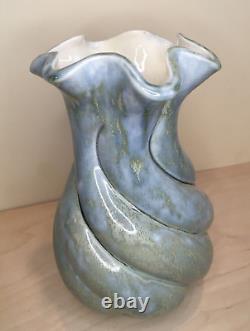 Vintage MCM Y ESTHER SIGNED SPIRAL GLAZED STUDIO POTTERY VASE TURQUOISE AQUA