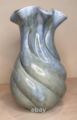 Vintage MCM Y ESTHER SIGNED SPIRAL GLAZED STUDIO POTTERY VASE TURQUOISE AQUA