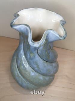 Vintage MCM Y ESTHER SIGNED SPIRAL GLAZED STUDIO POTTERY VASE TURQUOISE AQUA