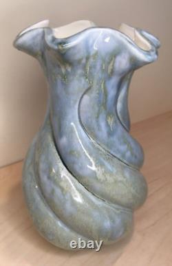 Vintage MCM Y ESTHER SIGNED SPIRAL GLAZED STUDIO POTTERY VASE TURQUOISE AQUA
