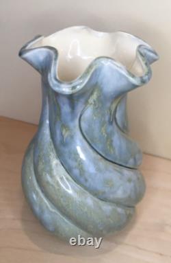 Vintage MCM Y ESTHER SIGNED SPIRAL GLAZED STUDIO POTTERY VASE TURQUOISE AQUA