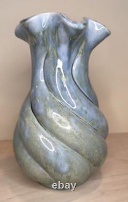 Vintage MCM Y ESTHER SIGNED SPIRAL GLAZED STUDIO POTTERY VASE TURQUOISE AQUA