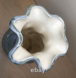Vintage MCM Y ESTHER SIGNED SPIRAL GLAZED STUDIO POTTERY VASE TURQUOISE AQUA