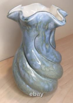 Vintage MCM Y ESTHER SIGNED SPIRAL GLAZED STUDIO POTTERY VASE TURQUOISE AQUA