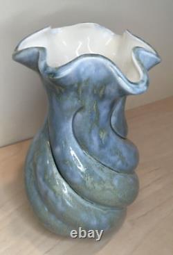Vintage MCM Y ESTHER SIGNED SPIRAL GLAZED STUDIO POTTERY VASE TURQUOISE AQUA