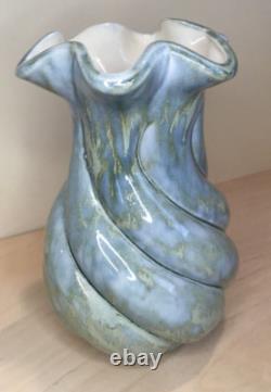 Vintage MCM Y ESTHER SIGNED SPIRAL GLAZED STUDIO POTTERY VASE TURQUOISE AQUA