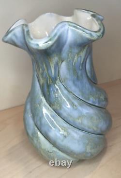 Vintage MCM Y ESTHER SIGNED SPIRAL GLAZED STUDIO POTTERY VASE TURQUOISE AQUA