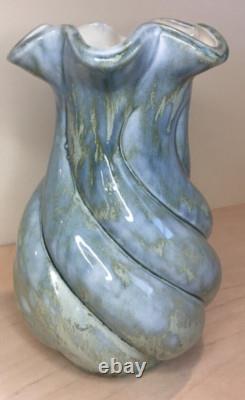 Vintage MCM Y ESTHER SIGNED SPIRAL GLAZED STUDIO POTTERY VASE TURQUOISE AQUA