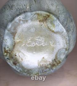 Vintage MCM Y ESTHER SIGNED SPIRAL GLAZED STUDIO POTTERY VASE TURQUOISE AQUA