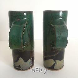Vintage MID Century Modern Studio Pottery Moss Green Tall Handle Mugs A Pair