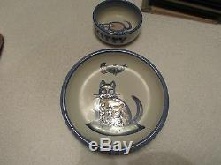 Vintage M. A. Hadley Studio Pottery Cat Kitten Bowl And Saucer Great Shape Rare