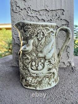 Vintage Majolica Pottery Birds Babies Nest Decorative 5.5 Pitcher Signed