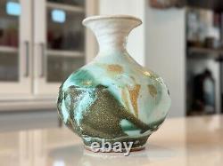 Vintage Makoto Yabe Signed Studio Art Green & White Glazed Ceramic Pottery Vase