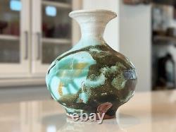 Vintage Makoto Yabe Signed Studio Art Green & White Glazed Ceramic Pottery Vase