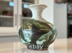 Vintage Makoto Yabe Signed Studio Art Green & White Glazed Ceramic Pottery Vase