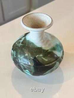 Vintage Makoto Yabe Signed Studio Art Green & White Glazed Ceramic Pottery Vase