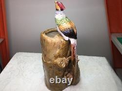 Vintage Mann MM Studio Art Pottery Tree Stump Vase Applied Bird Flowers 14.5