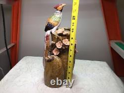 Vintage Mann MM Studio Art Pottery Tree Stump Vase Applied Bird Flowers 14.5