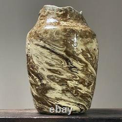 Vintage Marbleized Studio Ceramic Vase with Organic Edge Rim, Signed