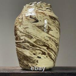 Vintage Marbleized Studio Ceramic Vase with Organic Edge Rim, Signed