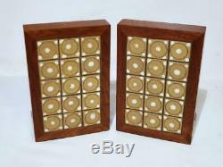 Vintage Martz Marshall Studios Walnut, Ceramic Pottery Tile Bookends Mid-century