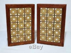 Vintage Martz Marshall Studios Walnut, Ceramic Pottery Tile Bookends Mid-century