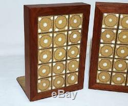 Vintage Martz Marshall Studios Walnut, Ceramic Pottery Tile Bookends Mid-century