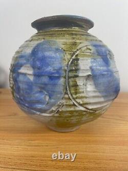 Vintage Mary Ann Studio Pottery Bulbous Green & Blue Vase 8 Tall Pewabic Artist
